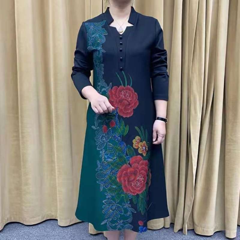 V-Neck Noble Long Printed Dress